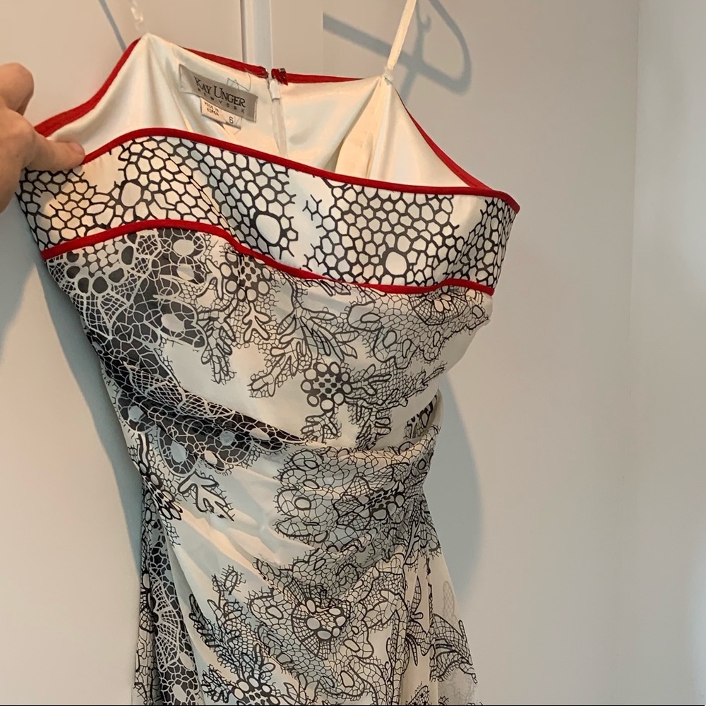 Kay Unger red piped asymmetric cocktail dress